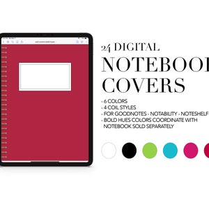 May include: 24 digital notebook covers in six colors. The covers are compatible with Goodnotes, Notability, and Noteshelf apps. The covers are shown on a red iPad with a white Apple Pencil.