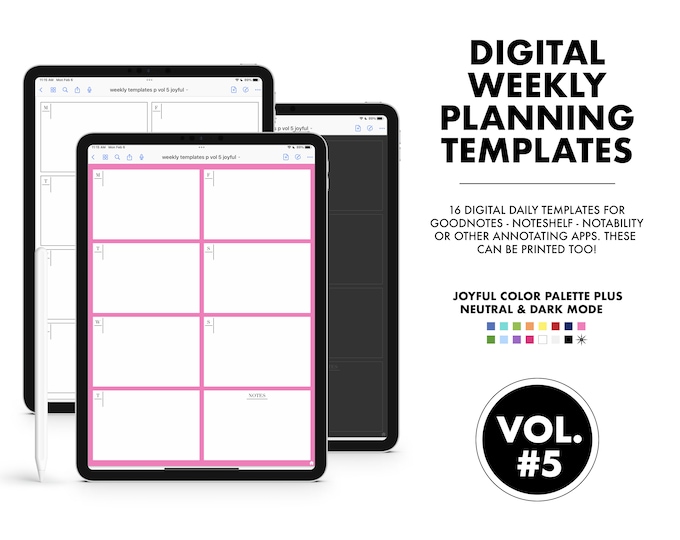 This Week VOL 5 - 16 Digital Weekly Planning Templates |  Joyful, Neutral and Dark Mode