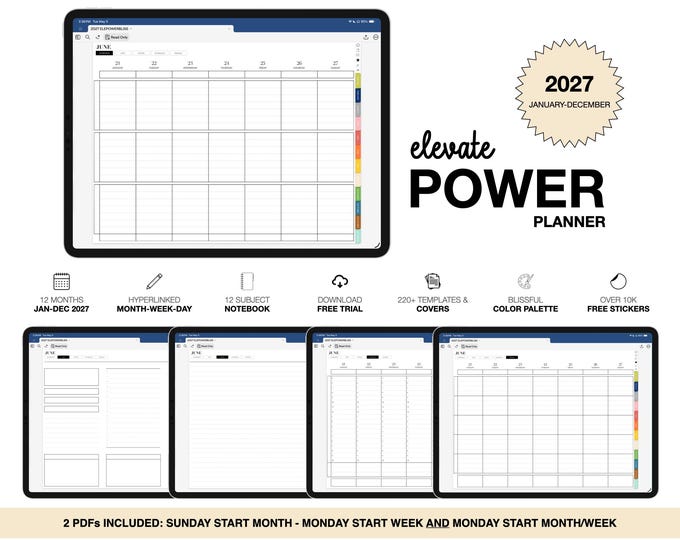 2027 Digital Planner for Goodnotes, Notability, 12 Subject Notebook (Elevate Power in Blissful Color)