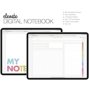 May include: A digital notebook app displayed on an iPad screen. The app features a gridded page with a section for notes and a section for a to-do list. The app also includes a colour palette with a variety of pastel colours.
