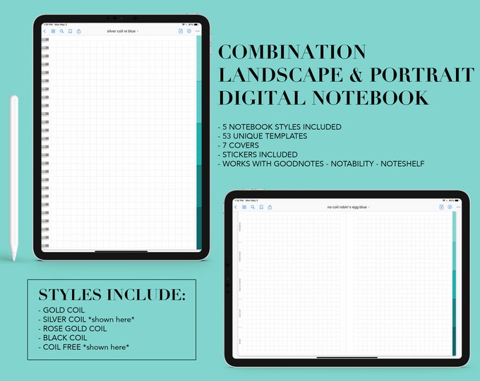 Robin's Egg Blue Ombre Digital Notebook - 5 Styles, 53 Templates (PDF)