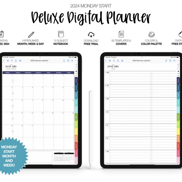 2024 Montag Start Deluxe Digitaler Planer & 12 Themen Notizbuch | Monatlich, Wöchentlich und Täglich | Erhältlich für Noteshelf - Goodnotes | Bunt