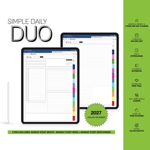 May include: Two digital tablets showing a digital planner with the text "SIMPLE DAILY DUO". The planner includes a calendar, lined pages, and colour-coded tabs. The image also shows the text "2027 JANUARY-DECEMBER".