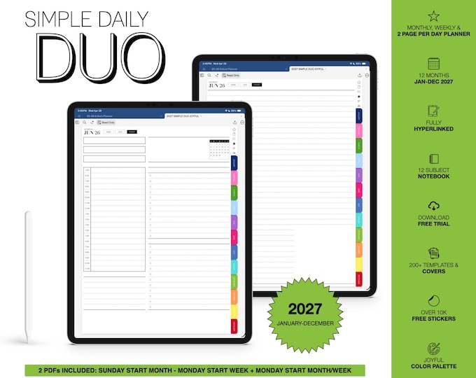 2027 Digital Planner for Goodnotes, Notability, 12 Subject Notebook, 2 Page Per Day (Simple Daily Duo in Joyful Color)