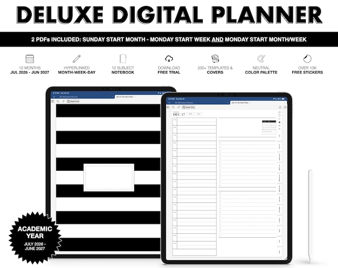2026-2027 Digital Planner for Goodnotes, Notability, Mid Year, 12 Subject Notebook (Deluxe in Neutral Color)