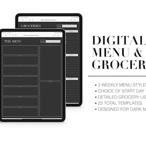 Puede incluir: Dos plantillas de planificador digital para iPad, una para un men&uacute; semanal y otra para una lista de la compra. Ambas plantillas est&aacute;n dise&ntilde;adas para el modo oscuro y presentan un fondo negro con texto y l&iacute;neas blancas.