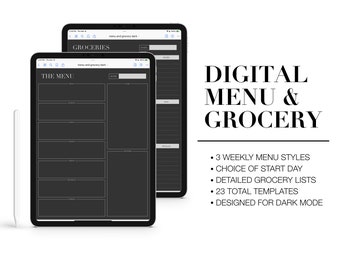 Modelli di pianificazione pasti e lista della spesa digitale - Scelta del giorno di inizio - GoodNotes / Notability / Noteshelf / Stampabile / MODALITÀ SCURA