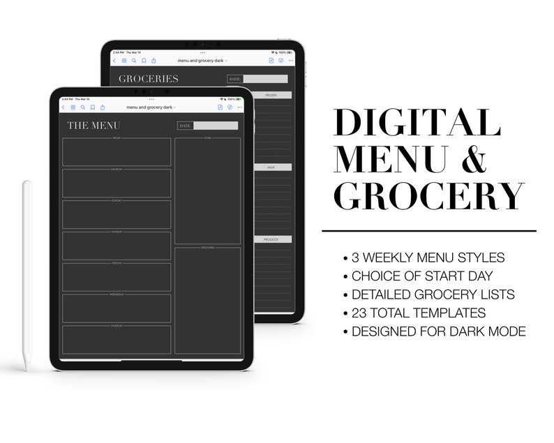 Puede incluir: Dos plantillas de planificador digital para iPad, una para un men&uacute; semanal y otra para una lista de la compra. Ambas plantillas est&aacute;n dise&ntilde;adas para el modo oscuro y presentan un fondo negro con texto y l&iacute;neas blancas.