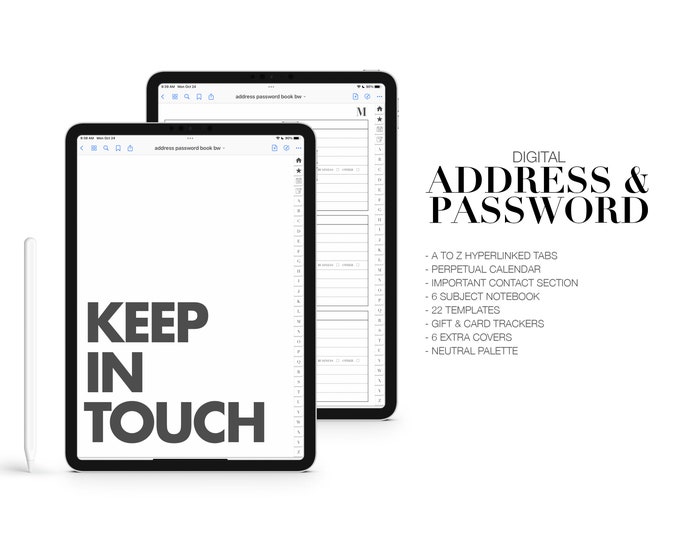 Digital Address & Password Book | Perpetual Calendar | 6 Subject Notebook | for Goodnotes (Neutral Color)