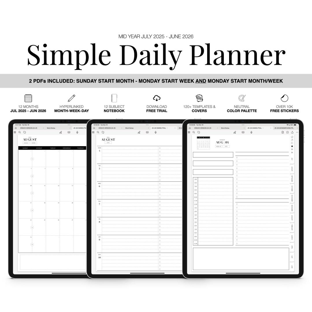 2025-2026 Digital Planner | Simple | Mid Year July-june | for Goodnotes ...