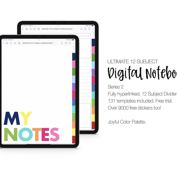 12 Subject Digital Notebook SERIES 2 | Digital Notebook with Tabs | 131 Templates | Hyperlinked | Noteshelf & Goodnotes | Joyful