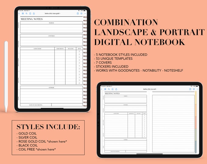 5 Subject Digital Notebook | 53 Templates | Landscape or Portrait | for Goodnotes (Boho Color)