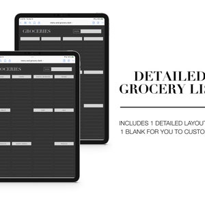 Puede incluir: Dos plantillas de lista de la compra digitales sobre un fondo negro. La plantilla superior est&aacute; en blanco, y la plantilla inferior est&aacute; llena de categor&iacute;as para la compra, como productos frescos, productos l&aacute;cteos y art&iacute;culos de despensa.