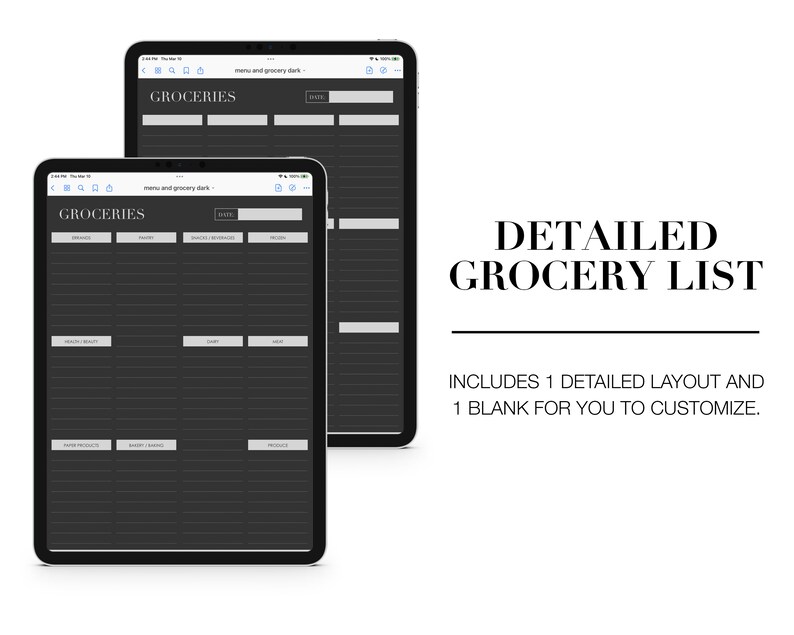 Puede incluir: Dos plantillas de lista de la compra digitales sobre un fondo negro. La plantilla superior est&aacute; en blanco, y la plantilla inferior est&aacute; llena de categor&iacute;as para la compra, como productos frescos, productos l&aacute;cteos y art&iacute;culos de despensa.