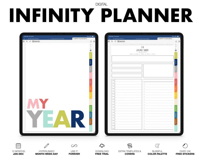 Digital INFINITY Planner | Monthly, Weekly and Daily | 6 Subject Notebook | Hyperlinked | for Goodnotes (Blissful Color)
