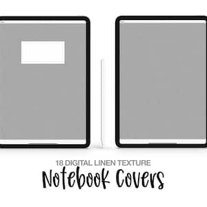 May include: Two digital notebook covers with a gray linen texture. The covers are displayed on a white background with a white stylus.