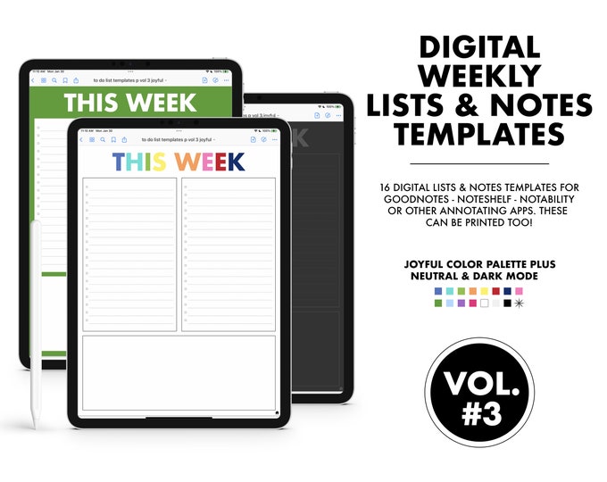 16 Digital Lists and Notes Planning Templates - VOL 3  |  Joyful, Neutral and Dark Mode