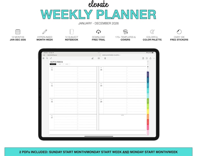 2026 Weekly Digital Planner | Elevate | 12-Subject Notebook | for Goodnotes (Colorful Color)