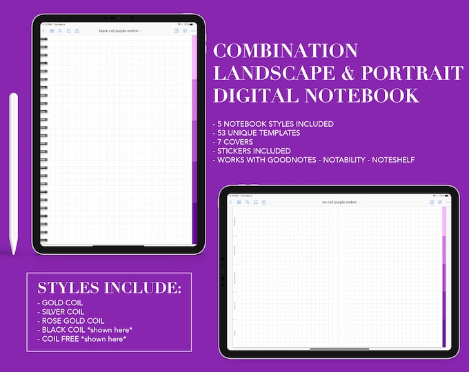 5 Subject Digital Notebook | 53 Templates | Landscape or Portrait | for Goodnotes (Purple Ombre Color)