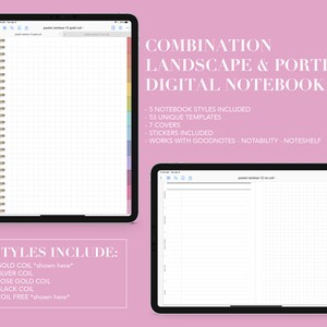 May include: A digital notebook with 53 unique templates, 7 covers, and stickers. It works with Goodnotes, Notability, and Noteshelf. The notebook is shown in landscape and portrait views on an iPad screen. The notebook has a pastel rainbow colour scheme.