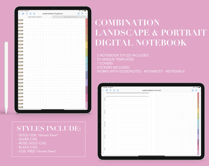 12 Subject Digital Notebook | 53 Templates | Landscape or Portrait | for Goodnotes (Pastel Rainbow Color)