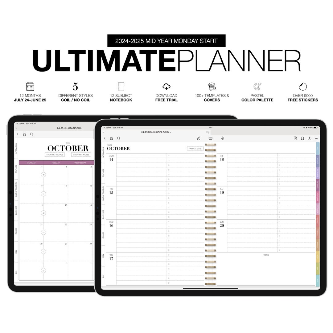 Ultimate Digital Planner Monday Start MID YEAR 2024-2025 | 12 Subject ...