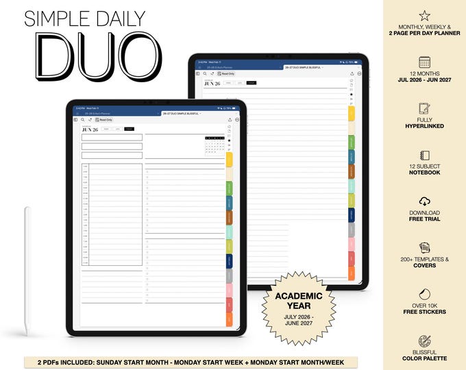 2026-2027 Digital Planner for Goodnotes, Notability, Mid Year, 12 Subject Notebook, 2 Page Per Day (Simple Duo in Blissful Color)