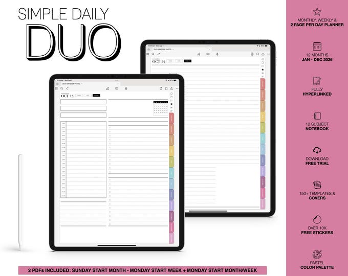 2026 Digital Planner | Simple Daily Duo | for Goodnotes (Pastel Color)
