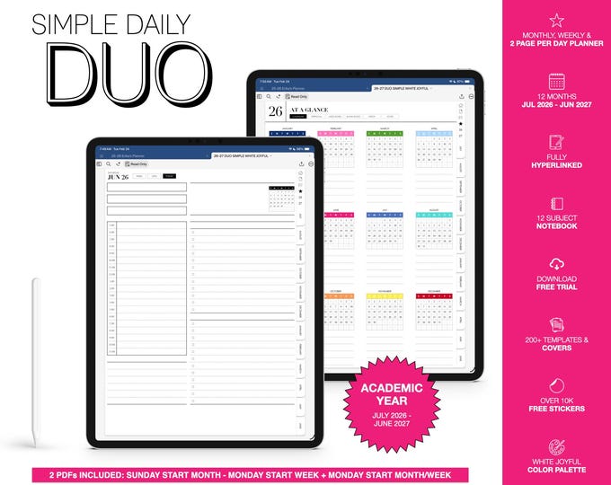 2026-2027 Digital Planner for Goodnotes, Notability, Mid Year, 12 Subject Notebook, 2 Page Per Day (Simple Duo in White Joyful Color)