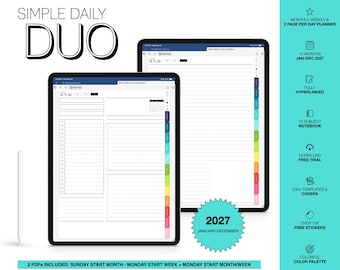 Digitaler Planer 2027 | Simple Daily Duo | 2 Seiten pro Tag | für Goodnotes (Farbig)