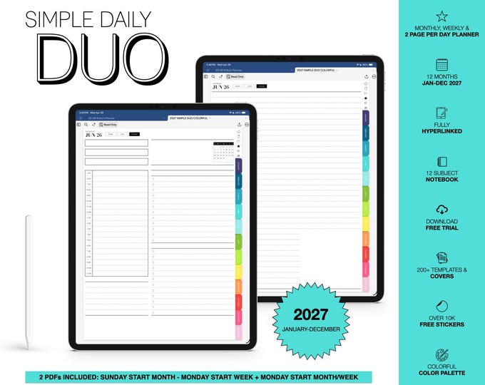 2027 Digital Planner for Goodnotes, Notability, 12 Subject Notebook, 2 Page Per Day (Simple Daily Duo in Colorful Color)
