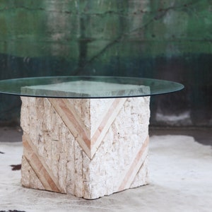 RARE Tessellated stone table w/ inlays Maitland Smith Travertine Marble Glass Mid Century Post Modern Miami Hollywood Regency cocktail MCM