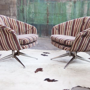 INCREDIBLE RARE Mid Century PAIR 70s Pin Striped Leopold for Ward Bennett Swivel Chairs Sculptural McM Post Modern (pair avail., sold indv)
