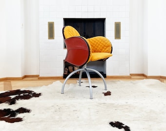 1990s Postmodern De Padova Incisa Chair by Vico Magistretti in Burgundy Saddle Leather and Yellow Patchwork Upholstery