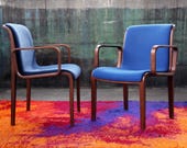 RESERVED PAIR Avail. 1305-U Gorgeous Blue Knoll Bentwood upholstered MCM Mid Century Danish Modern Bill Stephens Armchair Chair 60s 70s