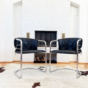 Pair of Postmodern Italian Leather and Polished Chrome Accent Sling Chairs