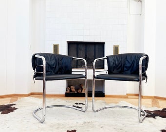 Pair of Postmodern Italian Leather and Polished Chrome Accent Sling Chairs