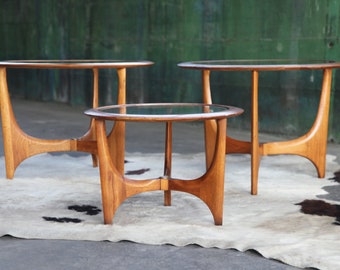 RARE Exquisite SET of Three Sculptural Glass Walnut End Tables Adrian Pearsall Craft Associates by Lane Mid Century MCM Danish Modern 60s