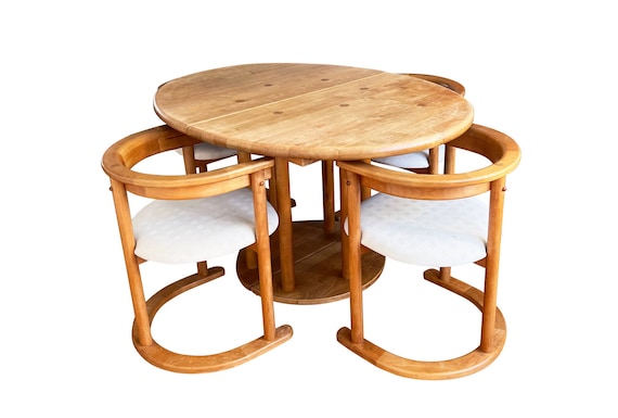 Round Post Modern Brutalist MCM Beech Dining Table 6 Chairs 9 Pcs
