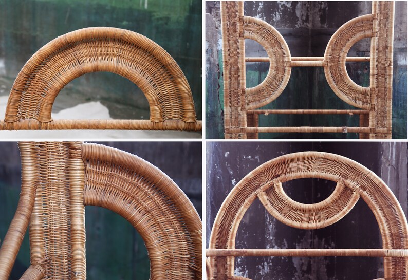 May include: A natural woven rattan shelf unit with a unique arched design. The shelf has three levels and is made of natural brown rattan.