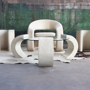 1980's Postmodern Sculptural Scroll Plaster McM Karl Springer Attributed Coffee Table & Two side tables SET-- 3 pieces