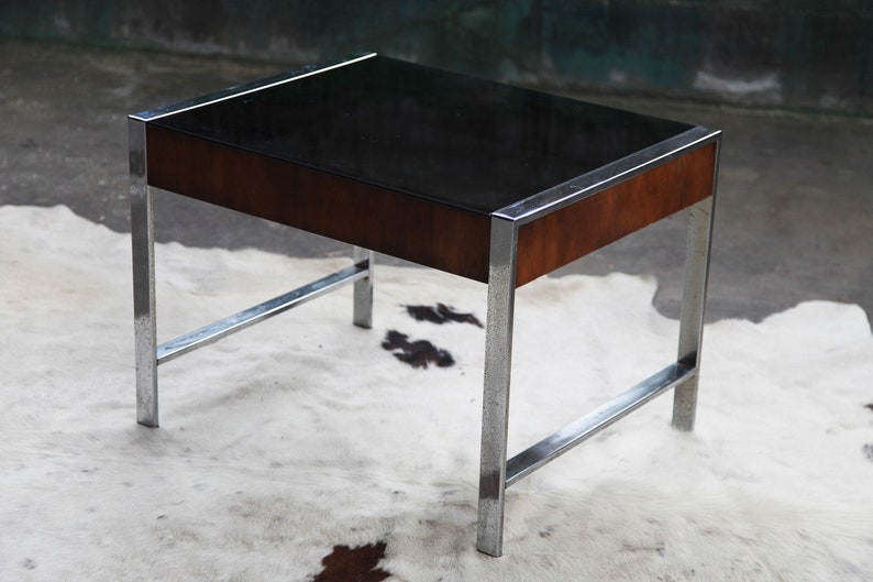 Stunning Milo Baughman Mid Century Smoked glass Chrome walnut end coffee cocktail table MCM Designer image 3
