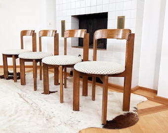 Set of 4 Brutalist 1970s Solid Oak Dining Chairs, Postmodern Switzerland