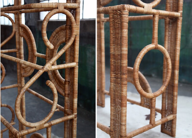 May include: Close-up of a natural woven rattan furniture piece with intricate circular designs. The furniture is made of light brown rattan and has a natural finish.