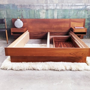 SOLD**Danish Modern Mid Century Teak Queen Bed With Attached Storage Nightstands + Underneath Storage drawer