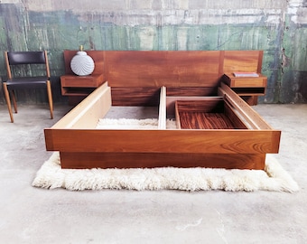 SOLD**Danish Modern Mid Century Teak Queen Bed With Attached Storage Nightstands + Underneath Storage drawer