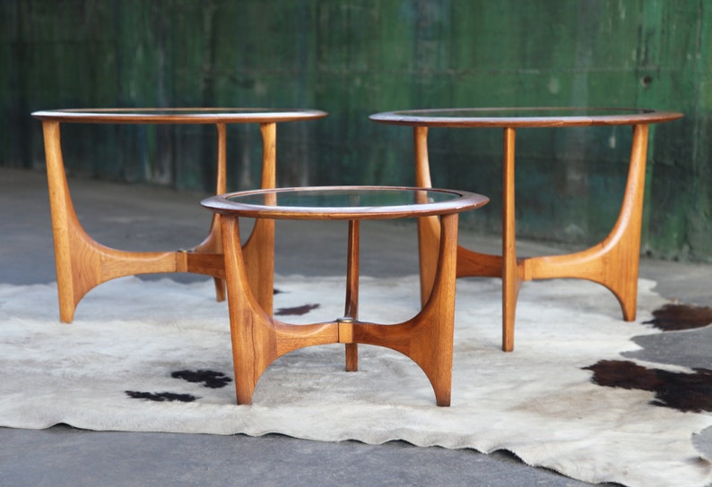 RARE Exquisite SET of Three Sculptural Glass Walnut End Tables Adrian Pearsall Craft Associates by Lane Mid Century MCM Danish Modern 60s image 1