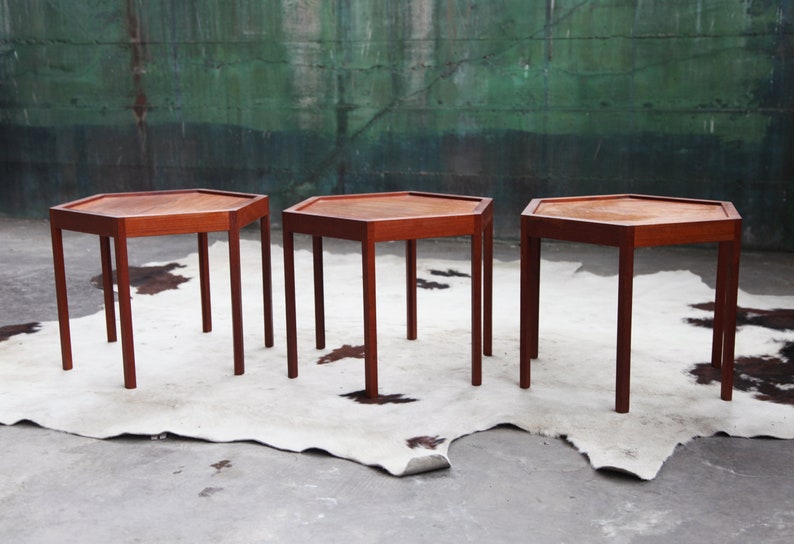 INCREDIBLE Set of 3 Hans Andersen Artex Brazilian Rosewood stacking Hexagonal tables DENMARK geometric Mid Century 60s sculptural MCM table image 5