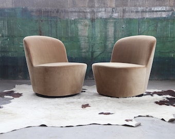 RESERVED for H **** INCREDIBLE 80's Beige Velour Post Modern Upholstered Swivel Lounge Chair Postmodern MCM (Pair Avail, sold Individually)