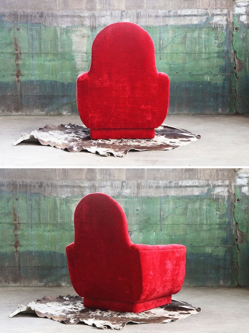 1970s Mid Century Modern Red Velvet Plinth Base Lounge Chair and Ottoman in the Style of Adrian Pearsall Strictly Spanish image 6